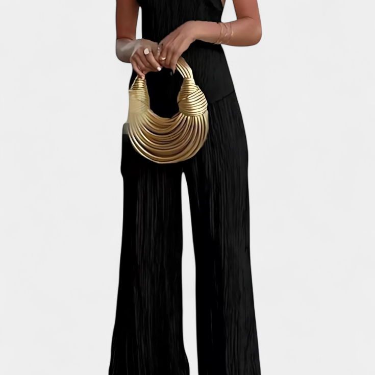Pilarica Conjunto Plisado con Top Asimétrico Halter y Pantalón Fluido