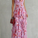VESTIDO MAXI HALTER CON CASCADA ROMÁNTICA DE ROSAS