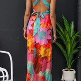 VESTIDO LARGO FLORAL CON ESCOTE EN V, ESPALDA ATADA