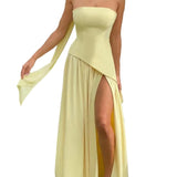 VESTIDO MAXI SIN TIRANTES CON ABERTURA Y CINTA
