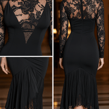 VESTIDO MIDI DE ENCAJE NEGRO CON CUELLO ALTO Y FALDA PLISADA