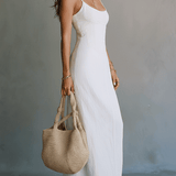 VESTIDO MAXI BLANCO MINIMALISTA CON TIRANTES Y ABERTURA