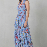 VESTIDO MAXI HALTER CON CASCADA ROMÁNTICA DE ROSAS