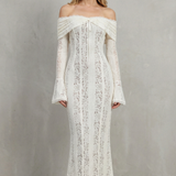 VESTIDO MAXI CON ENCAJE ROMÁNTICO Y HOMBROS DESCUBIERTOS