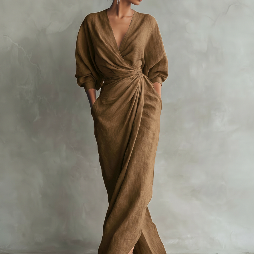 Sofia | Vestido Maxi de Lino Rosa con Escote en V