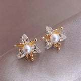 Pendientes Colgantes de Flor con Cristales y Perlas