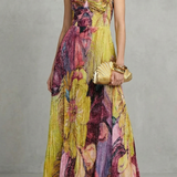 VESTIDO MAXI FLUIDO CON PLIEGUES Y ESTAMPADO FLORAL