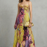 VESTIDO MAXI FLUIDO CON PLIEGUES Y ESTAMPADO FLORAL