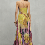 VESTIDO MAXI FLUIDO CON PLIEGUES Y ESTAMPADO FLORAL