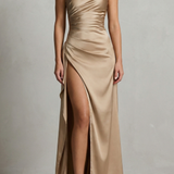 VESTIDO MAXI DE UN HOMBRO CON SATÉN LÍQUIDO Y ELEGANCIA
