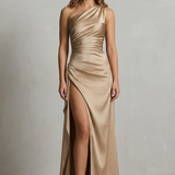 VESTIDO MAXI DE UN HOMBRO CON SATÉN LÍQUIDO Y ELEGANCIA