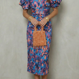 VESTIDO MIDI CON ESTAMPADO ABSTRACTO Y MANGAS ABULLONADAS