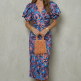 VESTIDO MIDI CON ESTAMPADO ABSTRACTO Y MANGAS ABULLONADAS