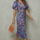 VESTIDO MIDI CON ESTAMPADO ABSTRACTO Y MANGAS ABULLONADAS
