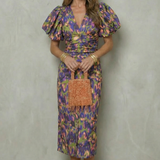 VESTIDO MIDI CON ESTAMPADO ABSTRACTO Y MANGAS ABULLONADAS