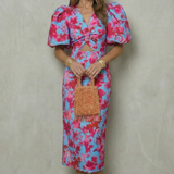VESTIDO MIDI CON ESTAMPADO ABSTRACTO Y MANGAS ABULLONADAS