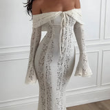 VESTIDO LARGO DE ENCAJE CON HOMBROS DESCUBIERTOS
