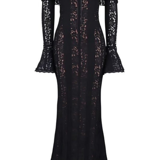 VESTIDO LARGO DE ENCAJE CON HOMBROS DESCUBIERTOS