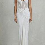 VESTIDO MAXI CON CUELLO HALTER Y CORSÉ ESCULPIDO