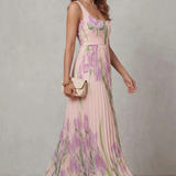 VESTIDO MAXI PLISADO CON ESTAMPADO FLORAL ACUARELA
