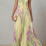 VESTIDO MAXI PLISADO CON ESTAMPADO FLORAL ACUARELA