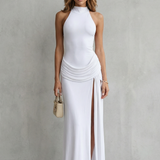 VESTIDO MAXI SIN MANGAS CON CUELLO ALTO Y ABERTURA