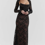 VESTIDO LARGO DE ENCAJE CON ELEGANCIA ROMÁNTICA