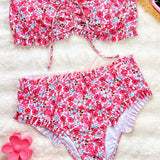 BIKINI DE DOS PIEZAS FLORAL DE TIRO ALTO CON VOLANTES
