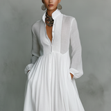 Alba | Vestido Maxi de Lino Patchwork con Cuello Alto