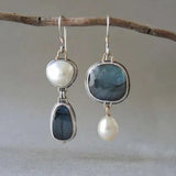 Pendientes Vintage de Plata con Piedra Natural y Perlas