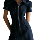 VESTIDO MINI VAQUERO ESTRUCTURADO CON CREMALLERA FRONTAL