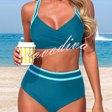 BIKINI DE DOS PIEZAS DE TIRO ALTO CON RAYAS Y DISEÑO EN CONTRASTE